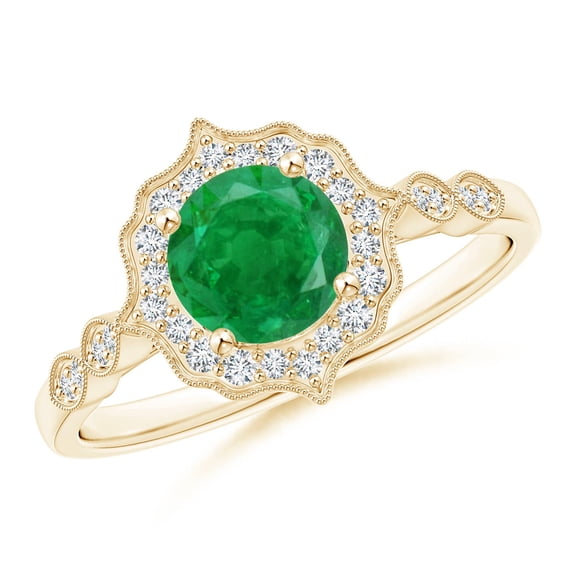ANGARA Natural Vintage Inspired Round Emerald Ring with Ornate Halo in 14K Yellow Gold for Women (Size-6mm) | May Birthstone, Birthday, Anniversary, Jewelry Gift for Women | Natural Emerald Ring