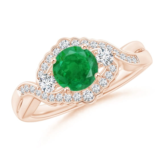 ANGARA Natural Aeon Emerald & Diamond Floral Halo Three Stone Engagement Ring in 14K Rose Gold for Women (Size-6mm) | May Birthstone, Anniversary, Jewelry Gift for Women | Natural Emerald Ring