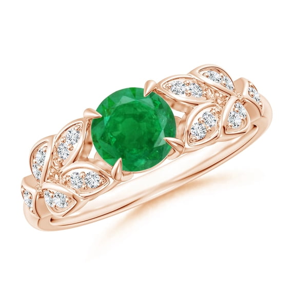 ANGARA Natural Nature Inspired Round Emerald Leaf Shank Ring in 14K Rose Gold for Women (Size-6mm) | May Birthstone, Birthday, Anniversary, Jewelry Gift for Women | Natural Emerald Ring