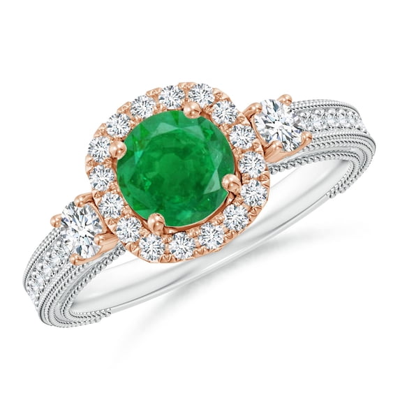 ANGARA Natural Vintage Inspired Round Emerald Halo Ring with Filigree in 14K White & Rose Gold for Women (Size-6mm) | May Birthstone, Anniversary, Jewelry Gift for Women | Natural Emerald Ring