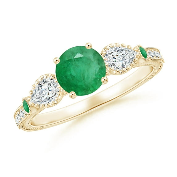 ANGARA Natural Aeon Emerald & Diamond Three Stone Engagement Ring with Milgrain in 14K Yellow Gold for Women (Size-6mm) | May Birthstone, Anniversary, Jewelry Gift for Women | Natural Emerald Ring