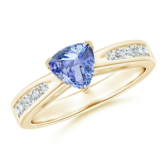 ANGARA Natural Trillion Tanzanite Solitaire Ring with Diamond Accents in 14K Yellow Gold for Women (Size-6mm) | December Birthstone, Anniversary, Jewelry Gift for Women | Natural Tanzanite Ring