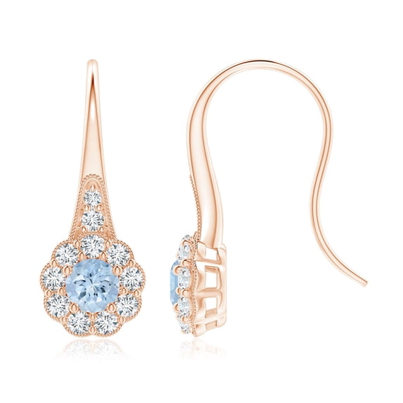 ANGARA Natural Aquamarine and Diamond Halo Fish Hook Earrings with Milgrain in 14K Rose Gold for Women (Size-5mm) | March Birthstone, Anniversary, Jewelry Gift for Women | Natural Aquamarine Earrings