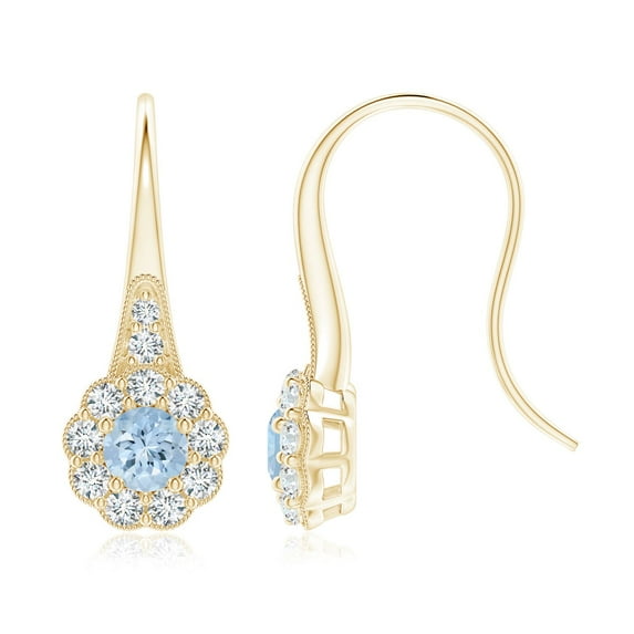 ANGARA Natural Aquamarine & Diamond Halo Fish Hook Earrings with Milgrain in 14K Yellow Gold for Women (Size-5mm) | March Birthstone, Anniversary, Jewelry Gift for Women | Natural Aquamarine Earrings