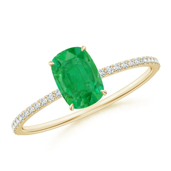 ANGARA Natural Thin Shank Cushion Emerald Ring with Diamond Accents in 14K Yellow Gold for Women (Size-7x5mm) | May Birthstone, Birthday, Anniversary, Jewelry Gift for Women | Natural Emerald Ring