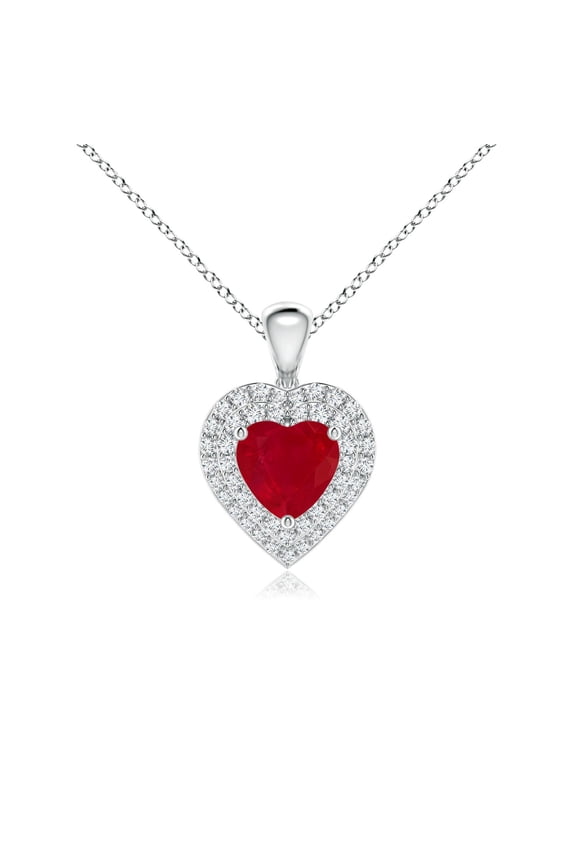 Natural Ruby Heart Pendant with Diamond Double Halo in 14K White Gold for Women (Size-6mm) | July Birthstone, Birthday, Anniversary, Jewelry Gift for Women | Natural Ruby Necklace