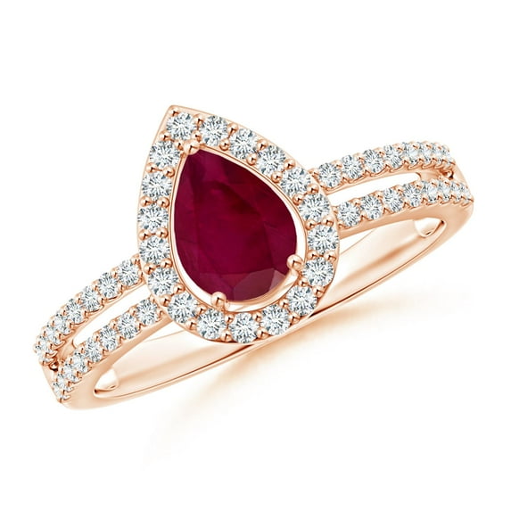 ANGARA Natural Pear Ruby and Diamond Halo Split Shank Ring in 14K Rose Gold for Women (Size-7x5mm) | July Birthstone, Birthday, Anniversary, Jewelry Gift for Women | Natural Ruby Ring
