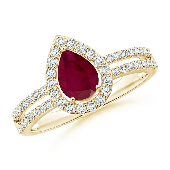 ANGARA Natural Pear Ruby and Diamond Halo Split Shank Ring in 14K Yellow Gold for Women (Size-7x5mm) | July Birthstone, Birthday, Anniversary, Jewelry Gift for Women | Natural Ruby Ring