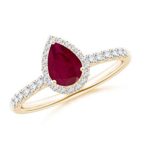 ANGARA Natural Pear-Shaped Ruby Halo Engagement Ring in 14K Yellow Gold for Women (Size-7x5mm) | July Birthstone Jewelry for Her | Natural Ruby Rings