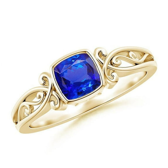 ANGARA Natural Vintage Style Cushion Tanzanite Solitaire Engagement Ring in 14K Yellow Gold for Women (Size-5mm) | December Birthstone, Anniversary, Jewelry Gift for Women | Natural Tanzanite Ring