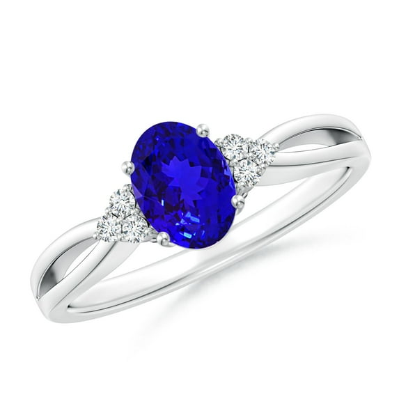 ANGARA Natural Oval Tanzanite Split Shank Ring with Trio Diamonds in 14K White Gold for Women (Size-7x5mm) | December Birthstone, Anniversary, Jewelry Gift for Women | Natural Tanzanite Ring