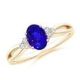 thumbnail image 1 of ANGARA Natural Oval Tanzanite Split Shank Ring with Trio Diamonds in 14K Yellow Gold for Women (Size-7x5mm) | December Birthstone, Anniversary, Jewelry Gift for Women | Natural Tanzanite Ring, 1 of 9