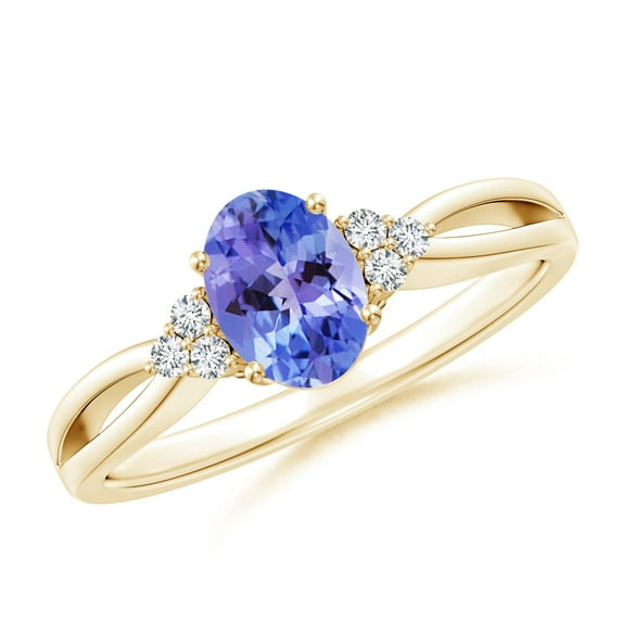 ANGARA Natural Oval Tanzanite Split Shank Ring with Trio Diamonds in 14K Yellow Gold for Women (Size-7x5mm) | December Birthstone, Anniversary, Jewelry Gift for Women | Natural Tanzanite Ring