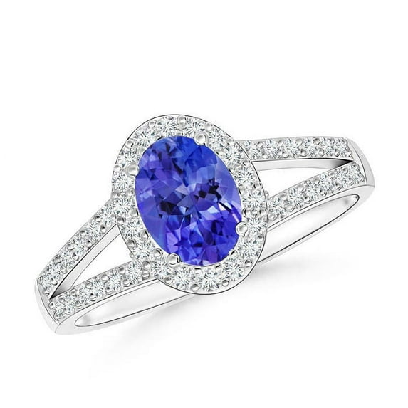 ANGARA Natural Oval Tanzanite Split Shank Halo Ring in 14K White Gold for Women (Size-7x5mm) | December Birthstone, Birthday, Anniversary, Jewelry Gift for Women | Natural Tanzanite Ring