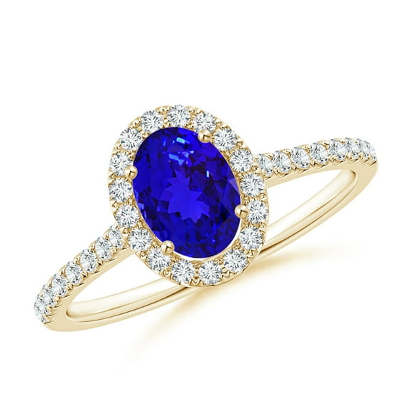 ANGARA Natural Oval Tanzanite Halo Ring with Diamond Accents in 14K Yellow Gold for Women (Size-7x5mm) | December Birthstone, Birthday, Anniversary, Jewelry Gift for Women | Natural Tanzanite Ring