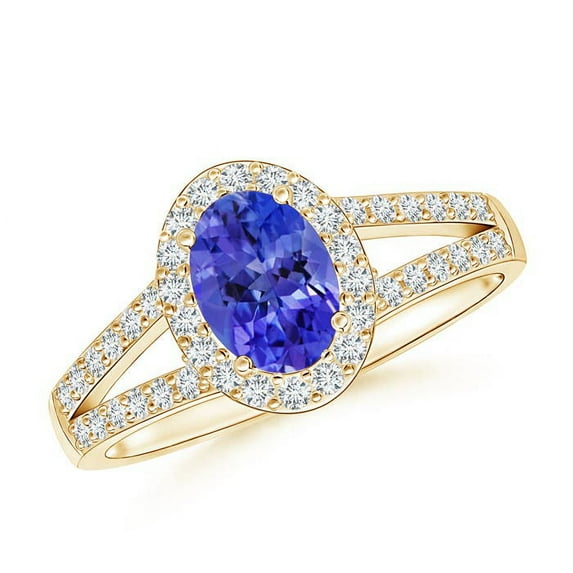 ANGARA Natural Oval Tanzanite Split Shank Halo Ring in 14K Yellow Gold for Women (Size-7x5mm) | December Birthstone, Birthday, Anniversary, Jewelry Gift for Women | Natural Tanzanite Ring