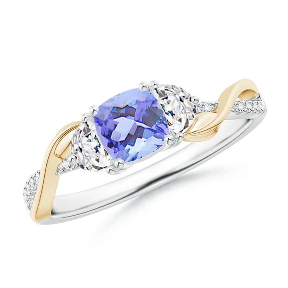 ANGARA Natural Cushion Tanzanite and Half Moon Diamond Leaf Ring in 14K White & Yellow Gold for Women (Size-5mm) | December Birthstone, Anniversary, Jewelry Gift for Women | Natural Tanzanite Ring