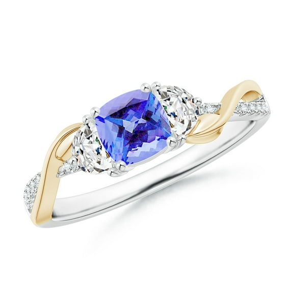 ANGARA Natural Cushion Tanzanite and Half Moon Diamond Leaf Ring in 14K White & Yellow Gold for Women (Size-5mm) | December Birthstone, Anniversary, Jewelry Gift for Women | Natural Tanzanite Ring
