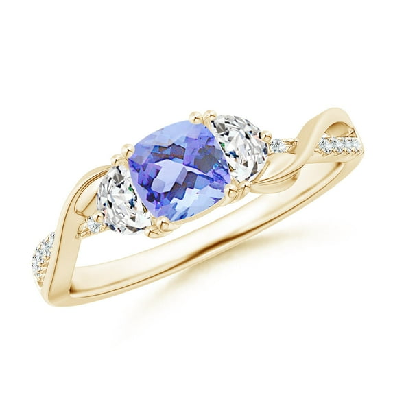 ANGARA Natural Cushion Tanzanite and Half Moon Diamond Leaf Ring in 14K Yellow Gold for Women (Size-5mm) | December Birthstone, Birthday, Anniversary, Jewelry Gift for Women | Natural Tanzanite Ring