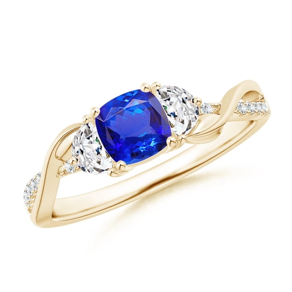 ANGARA Natural Cushion Tanzanite and Half Moon Diamond Leaf Ring in 14K Yellow Gold for Women (Size-5mm) | December Birthstone, Birthday, Anniversary, Jewelry Gift for Women | Natural Tanzanite Ring