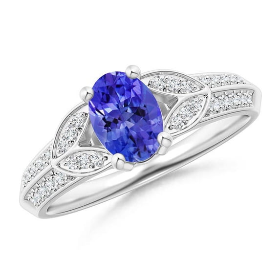 ANGARA Natural Oval Tanzanite Solitaire Ring with Pave Diamonds in 14K White Gold for Women (Size-7x5mm) | December Birthstone, Birthday, Anniversary, Jewelry Gift for Women | Natural Tanzanite Ring