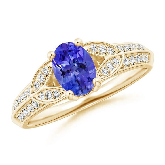 ANGARA Natural Oval Tanzanite Solitaire Ring with Pave Diamonds in 14K Yellow Gold for Women (Size-7x5mm) | December Birthstone, Birthday, Anniversary, Jewelry Gift for Women | Natural Tanzanite Ring
