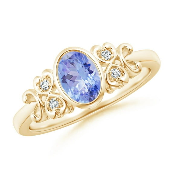ANGARA Natural Vintage Style Bezel-Set Oval Tanzanite Ring with Diamonds in 14K Yellow Gold for Women (Size-7x5mm) | December Birthstone, Anniversary, Jewelry Gift for Women | Natural Tanzanite Ring