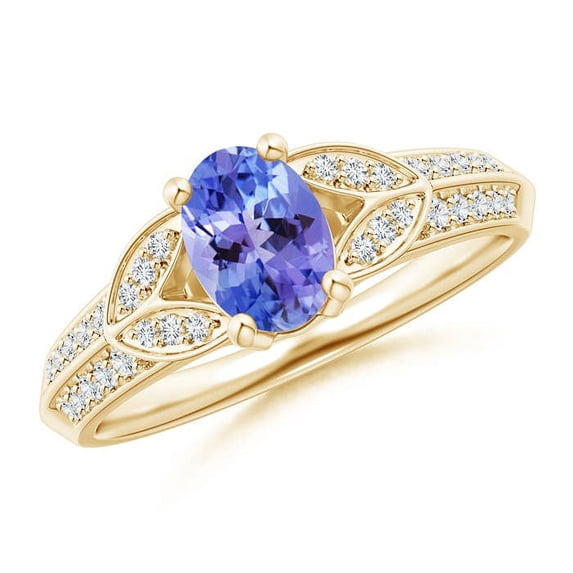 ANGARA Natural Oval Tanzanite Solitaire Ring with Pave Diamonds in 14K Yellow Gold for Women (Size-7x5mm) | December Birthstone, Birthday, Anniversary, Jewelry Gift for Women | Natural Tanzanite Ring