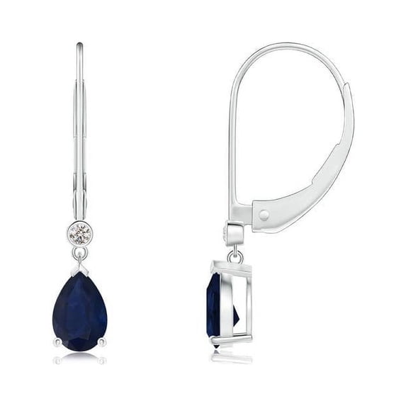 ANGARA Natural Sapphire Leverback Drop Earrings with Diamond in 14K White Gold for Women (Size-6x4mm) | September Birthstone, Anniversary, Jewelry Gift for Women | Natural Blue Sapphire Earrings