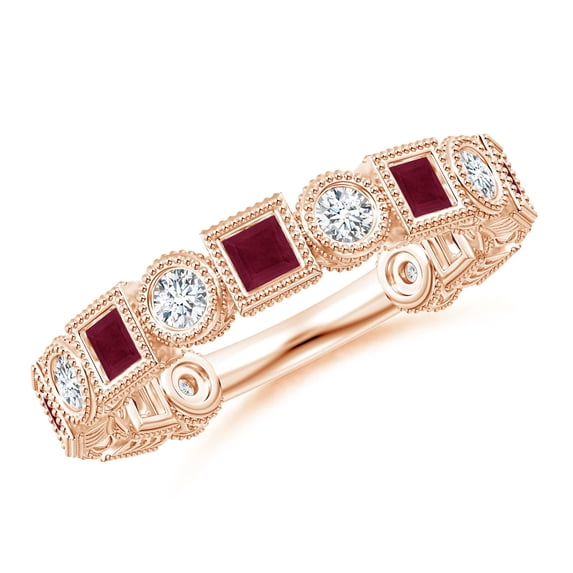 ANGARA Natural Bezel-Set Square Ruby and Round Diamond Ring in 14K Rose Gold for Women (Size-2.5mm) | July Birthstone, Birthday, Anniversary, Jewelry Gift for Women | Natural Ruby Ring