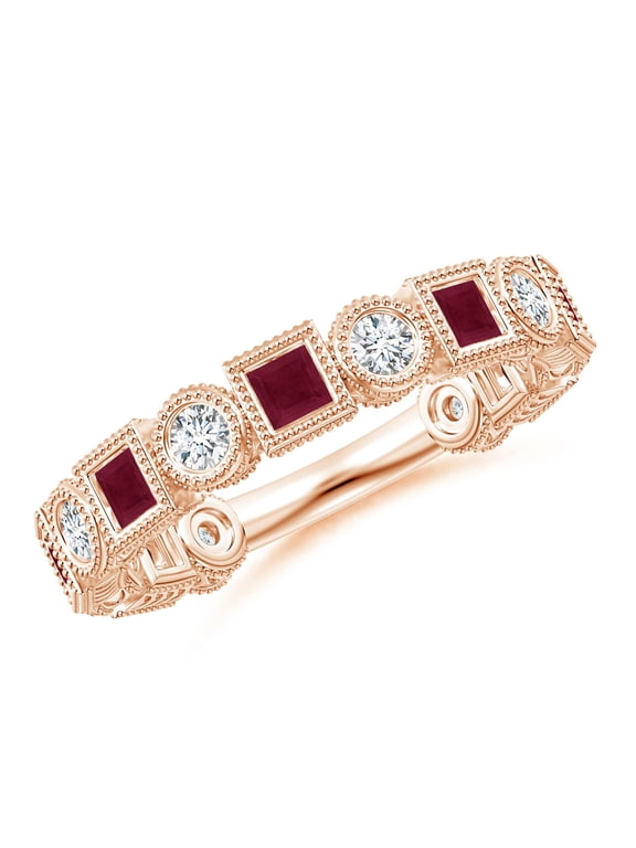 Natural Bezel-Set Square Ruby and Round Diamond Ring in 14K Rose Gold for Women (Size-2.5mm) | July Birthstone Jewelry for Her | Natural Ruby Rings
