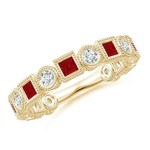 ANGARA Natural Bezel-Set Square Ruby and Round Diamond Ring in 14K Yellow Gold for Women (Size-2.5mm) | July Birthstone, Birthday, Anniversary, Jewelry Gift for Women | Natural Ruby Ring