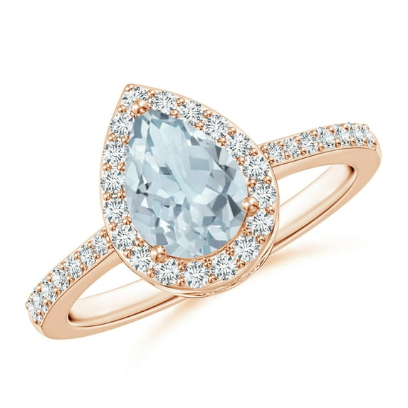 ANGARA Natural Pear Aquamarine Ring with Diamond Halo in 14K Rose Gold for Women (Size-8x6mm) | March Birthstone, Birthday, Anniversary, Jewelry Gift for Women | Natural Aquamarine Ring