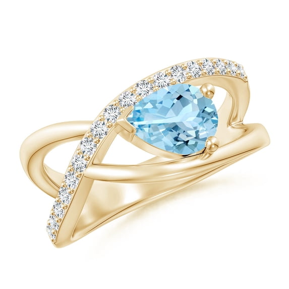 ANGARA Natural Criss Cross Pear Shaped Aquamarine Ring with Diamond Accents in 14K Yellow Gold for Women (Size-8x6mm) | March Birthstone, Anniversary, Jewelry Gift for Women | Natural Aquamarine Ring