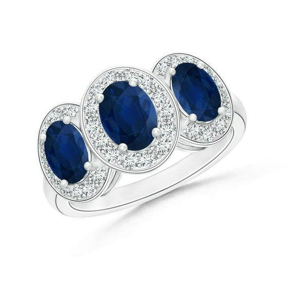 ANGARA Natural Three Stone Blue Sapphire Ring with Diamond Halo in 14K White Gold for Women (Size-7x5mm) | September Birthstone, Anniversary, Jewelry Gift for Women | Natural Blue Sapphire Ring