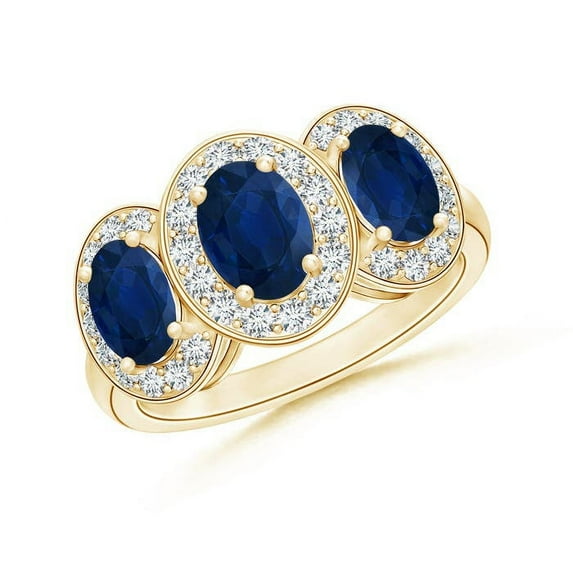 ANGARA Natural Three Stone Blue Sapphire Ring with Diamond Halo in 14K Yellow Gold for Women (Size-7x5mm) | September Birthstone, Anniversary, Jewelry Gift for Women | Natural Blue Sapphire Ring