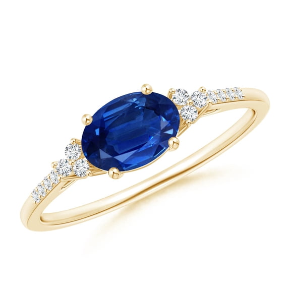 ANGARA Natural Horizontally Set Sapphire Ring with Trio Diamond Accents in 14K Yellow Gold for Women (Size-7x5mm) | September Birthstone, Anniversary, Jewelry Gift for Women | Natural Sapphire Ring