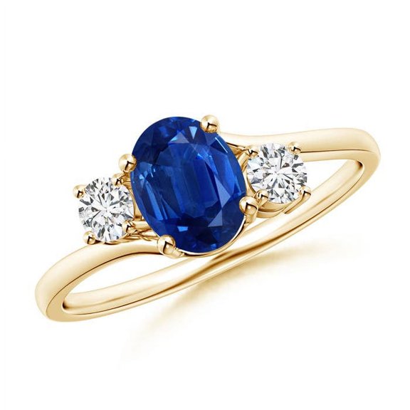 ANGARA Natural Bypass Blue Sapphire and Diamond Three Stone Ring in 14K Yellow Gold for Women (Size-7x5mm) | September Birthstone, Anniversary, Jewelry Gift for Women | Natural Blue Sapphire Ring