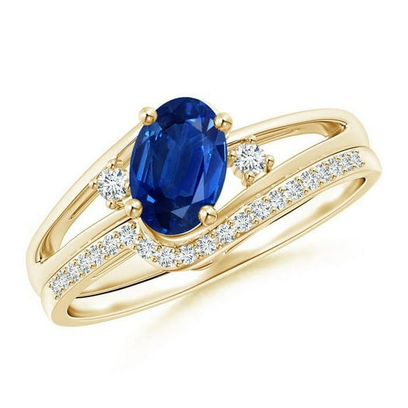 ANGARA Natural Oval Blue Sapphire and Diamond Bridal Set in 14K Yellow Gold for Women (Size-7x5mm) | September Birthstone, Birthday, Anniversary, Jewelry Gift for Women | Natural Blue Sapphire Ring