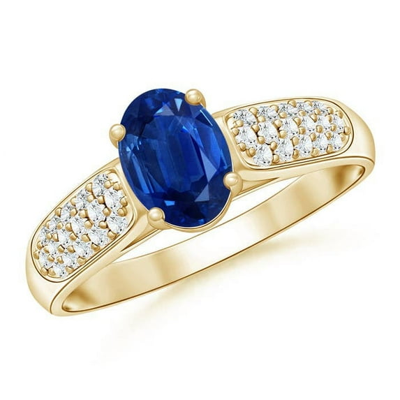 ANGARA Natural Solitaire Oval Sapphire Ring with Pave Diamond Accents in 14K Yellow Gold for Women (Size-7x5mm) | September Birthstone, Anniversary, Jewelry Gift for Women | Natural Sapphire Ring