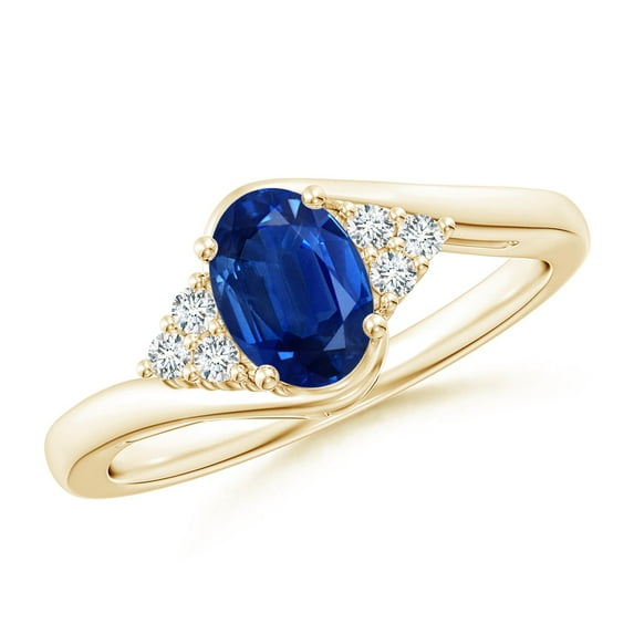 ANGARA Natural Oval Sapphire Bypass Ring with Trio Diamond Accents in 14K Yellow Gold for Women (Size-7x5mm) | September Birthstone, Anniversary, Jewelry Gift for Women | Natural Blue Sapphire Ring