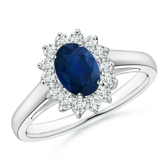 ANGARA Natural Princess Diana Inspired Blue Sapphire Ring with Diamond Halo in 14K White Gold for Women (Size-7x5mm) | September Birthstone, Anniversary Jewelry Gift for Women | Natural Sapphire Ring