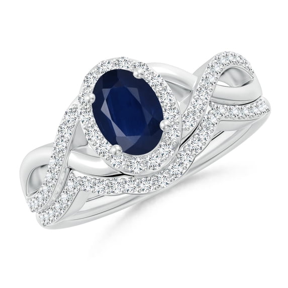 ANGARA Natural Blue Sapphire and Diamond Crossover Bridal Set in 14K White Gold for Women (Size-7x5mm) | September Birthstone, Anniversary, Jewelry Gift for Women | Natural Blue Sapphire Ring