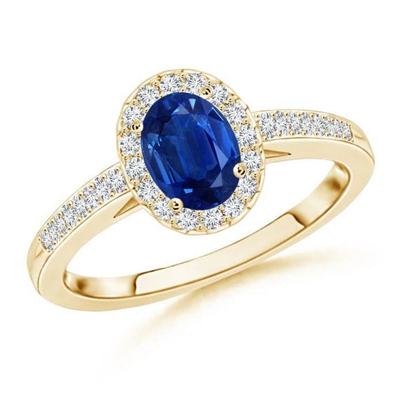 ANGARA Natural Oval Blue Sapphire Halo Ring with Diamond Accents in 14K Yellow Gold for Women (Size-7x5mm) | September Birthstone, Anniversary, Jewelry Gift for Women | Natural Blue Sapphire Ring