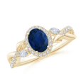 thumbnail image 1 of ANGARA Natural Oval Sapphire Twisted Vine Ring with Diamond Halo in 14K Yellow Gold for Women (Size-7x5mm) | September Birthstone, Anniversary, Jewelry Gift for Women | Natural Blue Sapphire Ring, 1 of 10