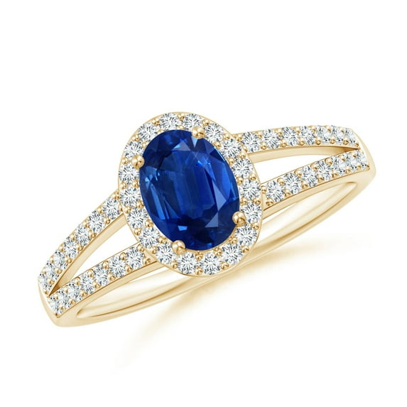 ANGARA Natural Oval Blue Sapphire Split Shank Halo Ring in 14K Yellow Gold for Women (Size-7x5mm) | September Birthstone, Birthday, Anniversary, Jewelry Gift for Women | Natural Blue Sapphire Ring