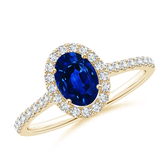 ANGARA Natural Oval Sapphire Halo Ring with Diamond Accents in 14K Yellow Gold for Women (Size-7x5mm) | September Birthstone, Anniversary, Jewelry Gift for Women | Natural Blue Sapphire Ring