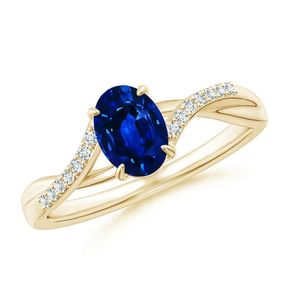 ANGARA Natural Oval Blue Sapphire Split Shank Ring with Diamond Accents in 14K Yellow Gold for Women (Size-7x5mm) | September Birthstone, Anniversary, Jewelry Gift for Women | Natural Sapphire Ring