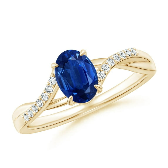 ANGARA Natural Oval Blue Sapphire Split Shank Ring with Diamond Accents in 14K Yellow Gold for Women (Size-7x5mm) | September Birthstone, Anniversary, Jewelry Gift for Women | Natural Sapphire Ring
