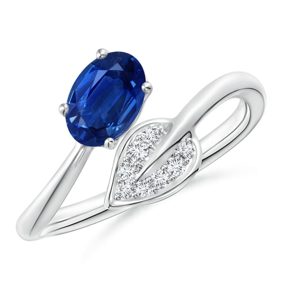 ANGARA Natural Nature Inspired Blue Sapphire Bypass Ring with Diamond Leaf in 14K White Gold for Women (Size-7x5mm) | September Birthstone, Anniversary, Jewelry Gift for Women | Natural Sapphire Ring